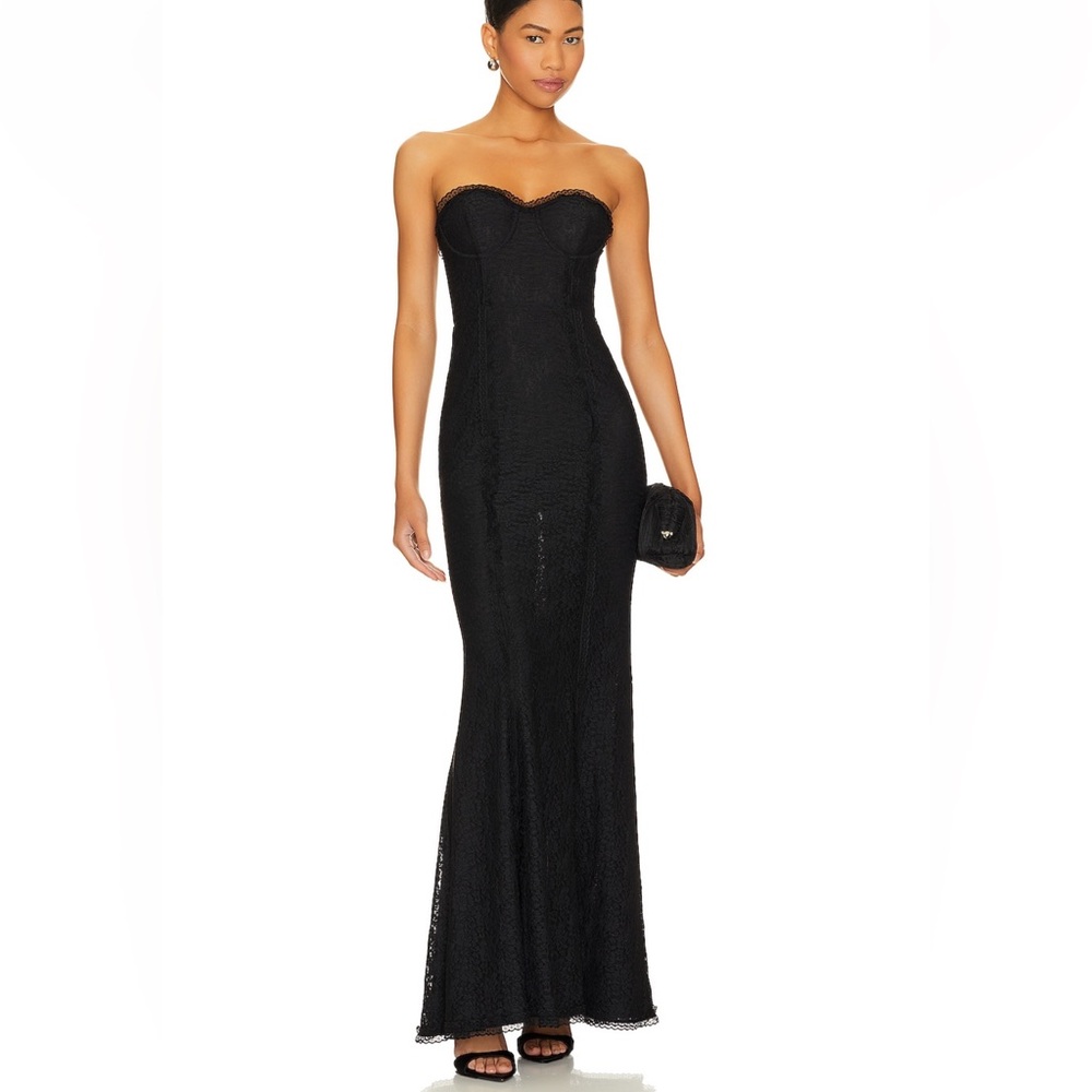MAJORELLE Strapless Black Lace Maxi Gown